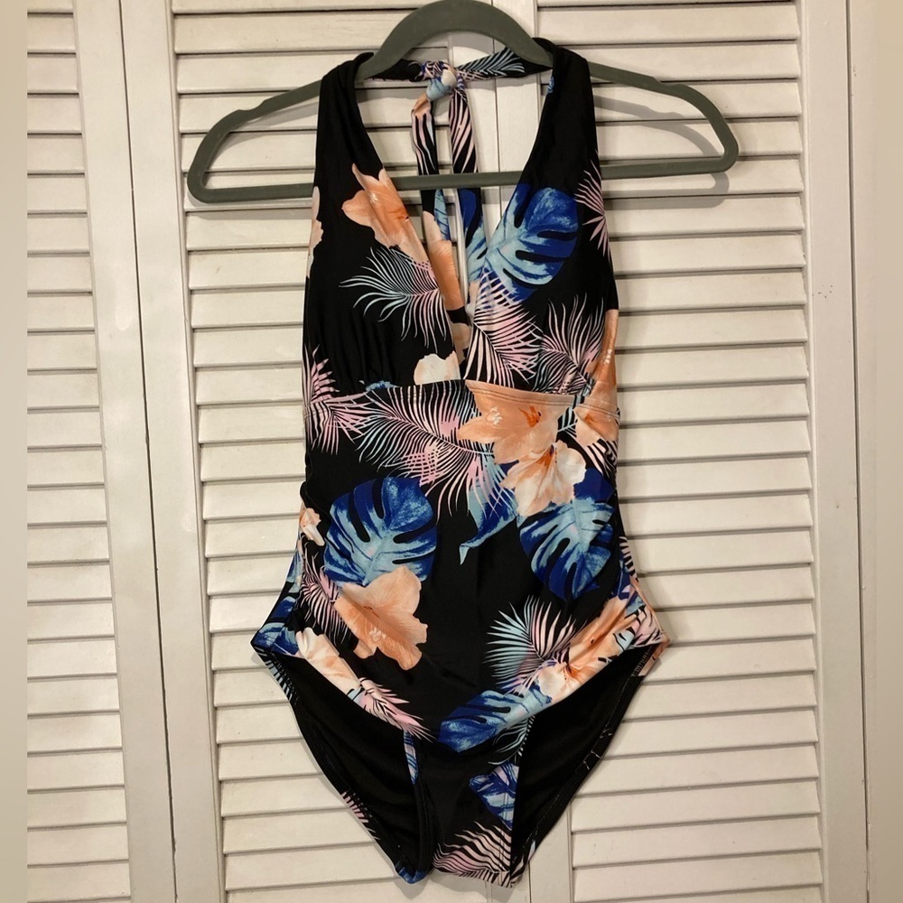DKNY Black And Blue Floral One Piece Swimsuit Size Medium